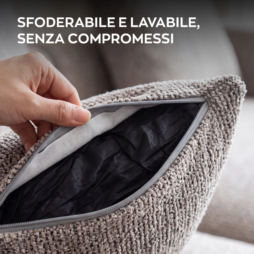 Yoko - Divano Angolare Curvo 200x62x105 a Compressione in Tessuto Bouclé Grigio