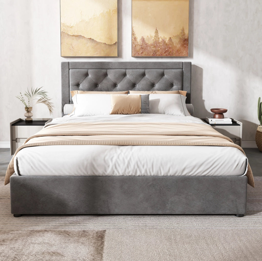 Letto imbottito 140x200 cm con contenitore laterale grigio
