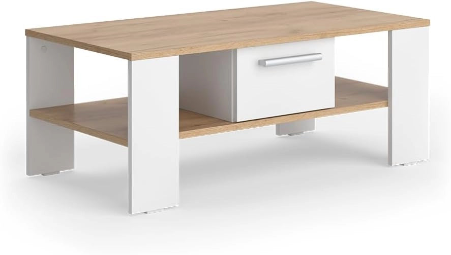 Tavolino Wilmut, Quercia dorata/bianco, 89.8 x 46.4 cm con cassetto, Superficie d’appoggio per riviste e telecomandi