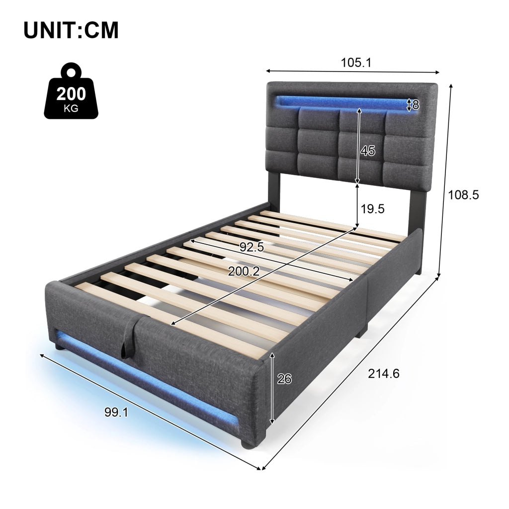 OKWISH Letto Singolo 90×200 cm con Contenitore, LED Regolabile, USB e Controllo tramite App, senza Materasso, in Lino, Grigio