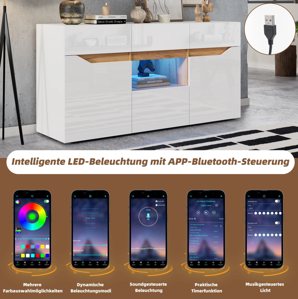 Credenza LED bianca e legno, 4 cassetti e 2 vani