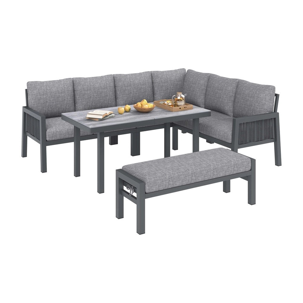 Set Tavolo da Pranzo da Giardino 8 Posti con Divano ¨C Xylo ¨C Polyrattan Grigio, Piano in Vetro