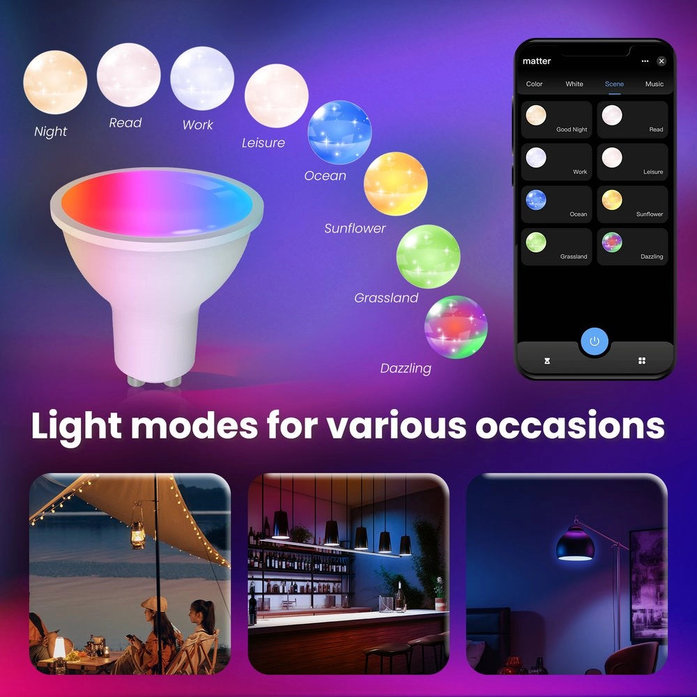 Lampada Led Matter GU10, RGB+CW, Matter WIFI 2.4G, TUYA, Smart Life, Apple Home, Google Home, Alexa, SmartThings, AC 90-250V, 50/60HZ, 5W, 50X55mm, IP20, MU11005