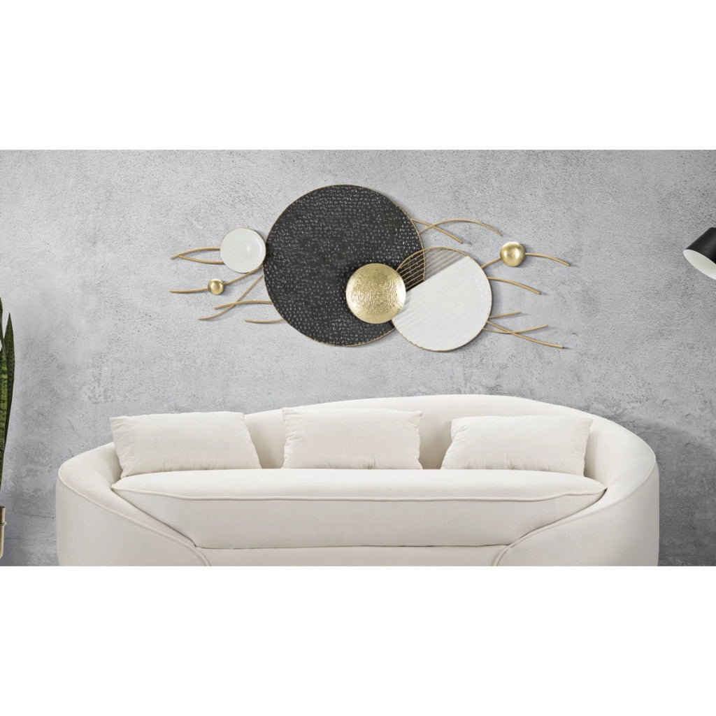 Pannello da parete Boly in ferro con dischi astratti oro, nero e bianco