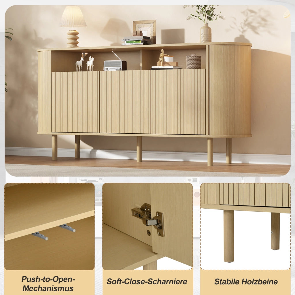 Credenza e madia con 3 ante a onde e vani aperti, per soggiorno, in truciolare, naturale, 160 × 40 × 78,5 cm