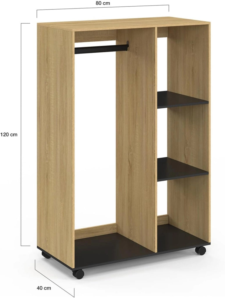 Armadio RACHEL 80 x 40 x 120 cm su rotelle, faggio e nero