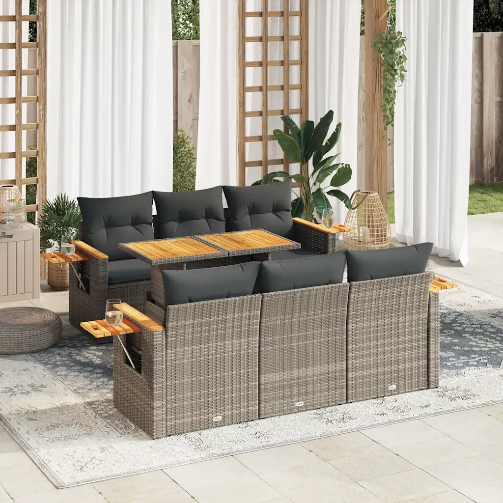 Set Divani da Giardino 7pz con Cuscini Grigio Polyrattan Acacia