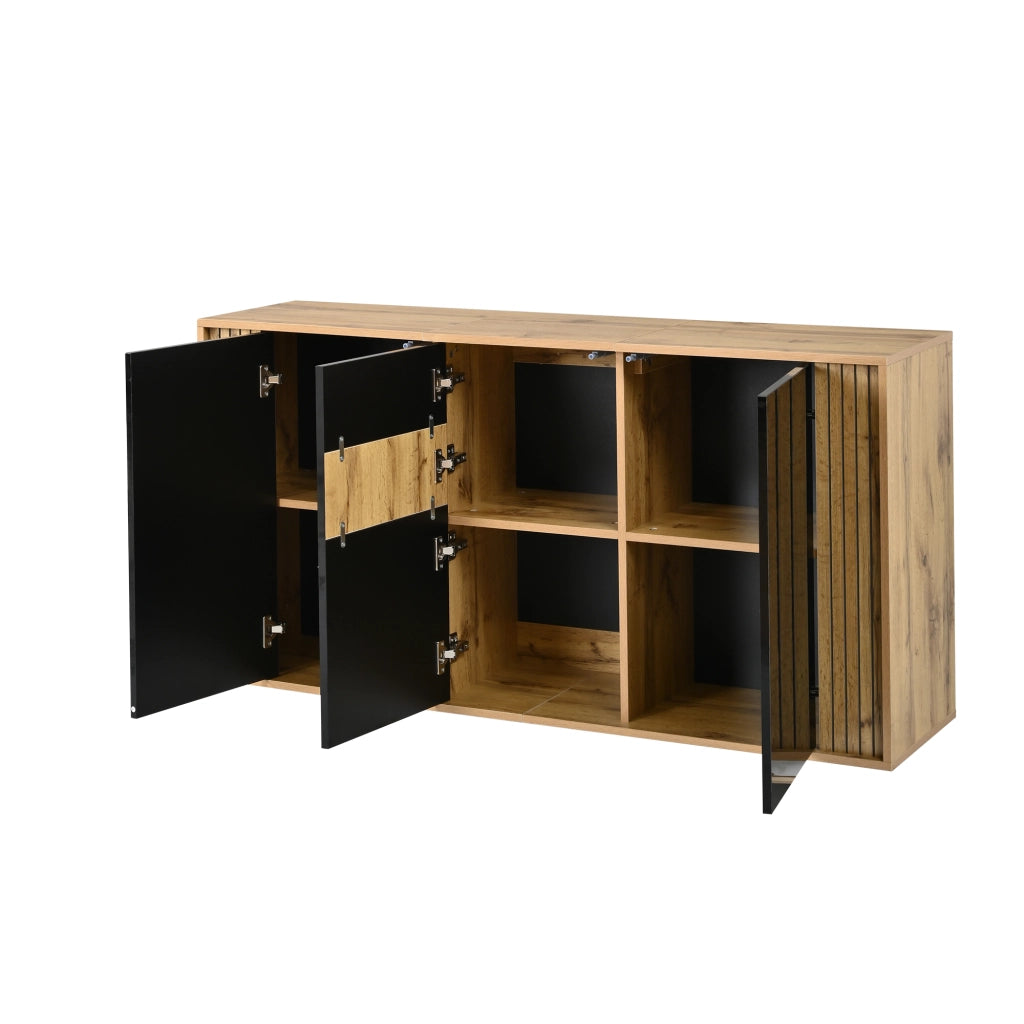 Credenza con 3 ante e 6 vani, push-to-open - per soggiorno - in MDF e truciolare - nero e legno