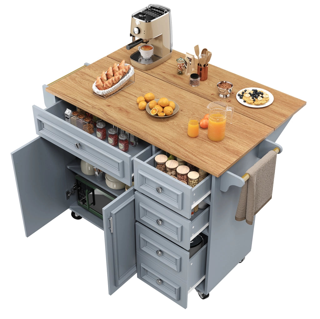 Isola da cucina 110x75x92 cm pieghevole con cassetti in MDF azzurro baby