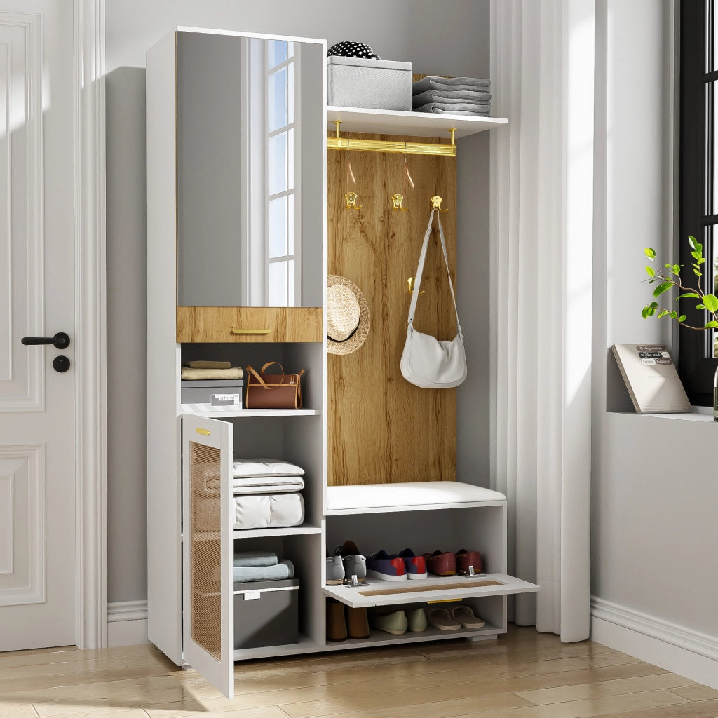 Set da ingresso con armadio a 3 ante, specchio, panca, vani a giorno e 6 ganci, MDF bianco e legno