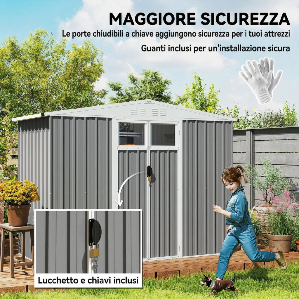 Capanno da Giardino Porta Attrezzi in Acciaio Zincato con 2 Porte, 246x117x180 cm, Grigio Chiaro