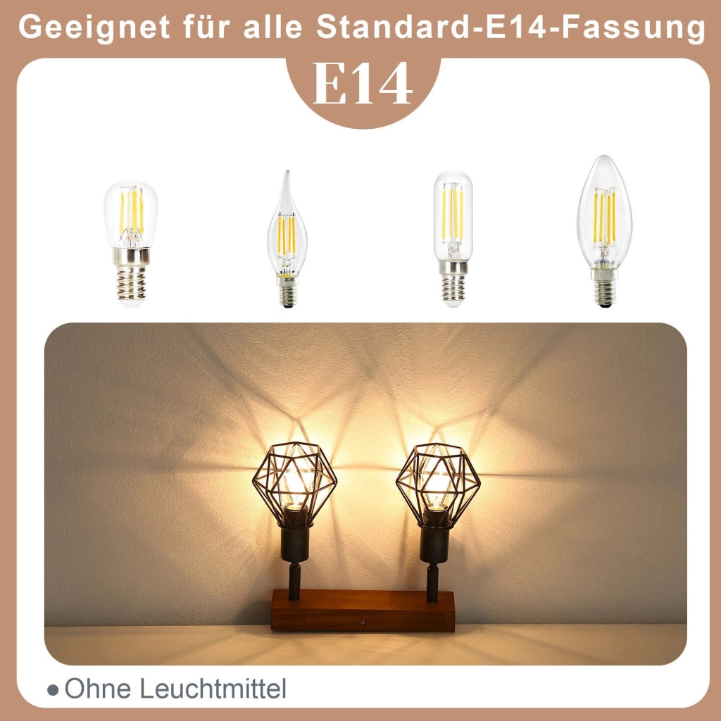 ZMH Faretto da soffitto neri 2 luci legno E14 vintage per soggiorno