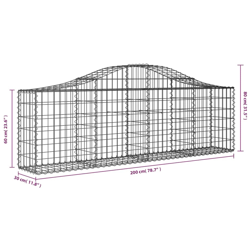 Cestini gabbioni recinzione a gabbia muro di contenimento ad arco 3 pezzi 200 x 30 x 60/80 cm ferro zincato argento 02_0040740