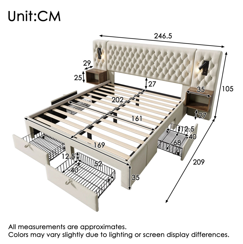 Letto matrimoniale 160x200 cm in velluto beige con 2 comodini; 4 cassetti; luci e USB/Type C