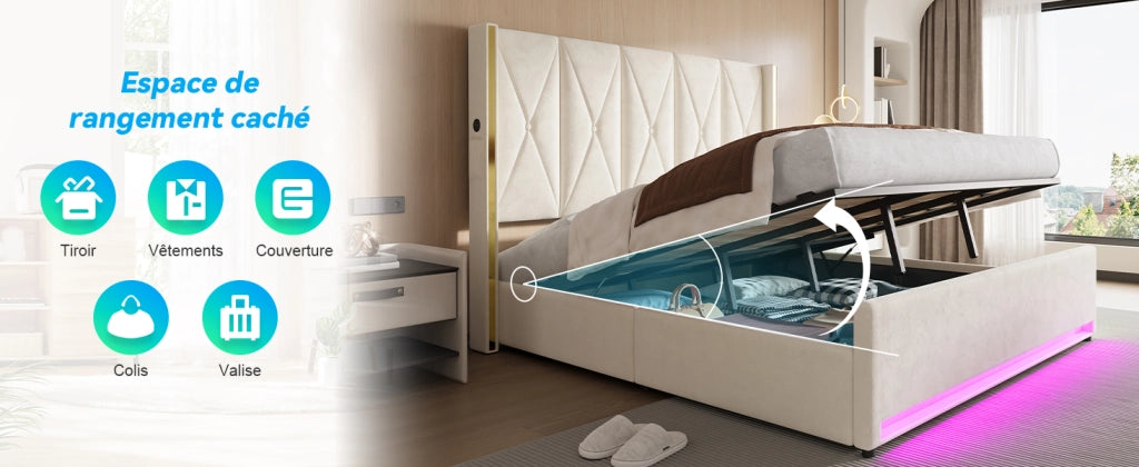 DESMIU Lit Letto Contenitore 180 × 200 cm 2 posti con USB, Type-C, LED e tasche, senza materasso, in velluto, beige