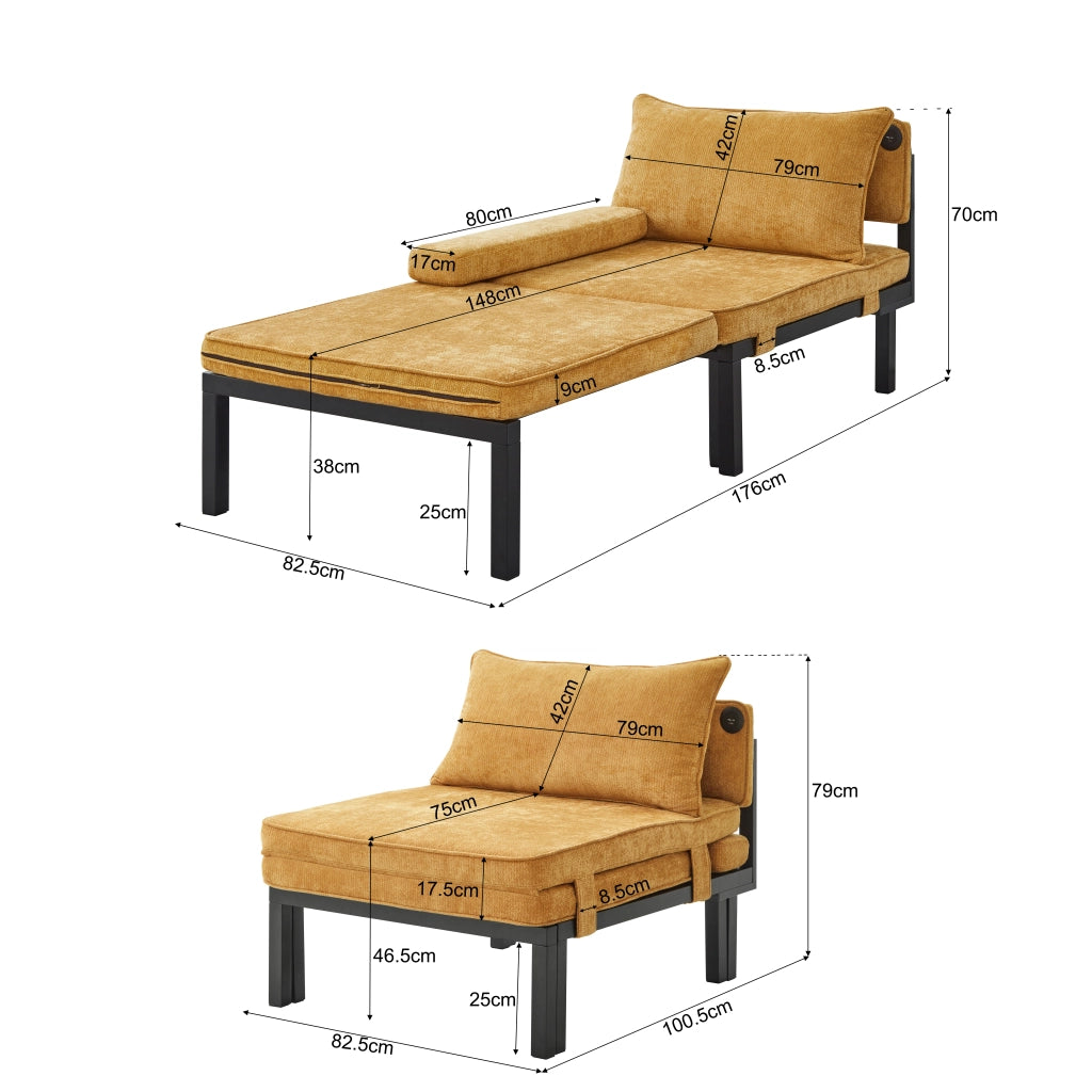 POLTRONA letto pieghevole 2 in 1 USB Type-C in velluto giallo