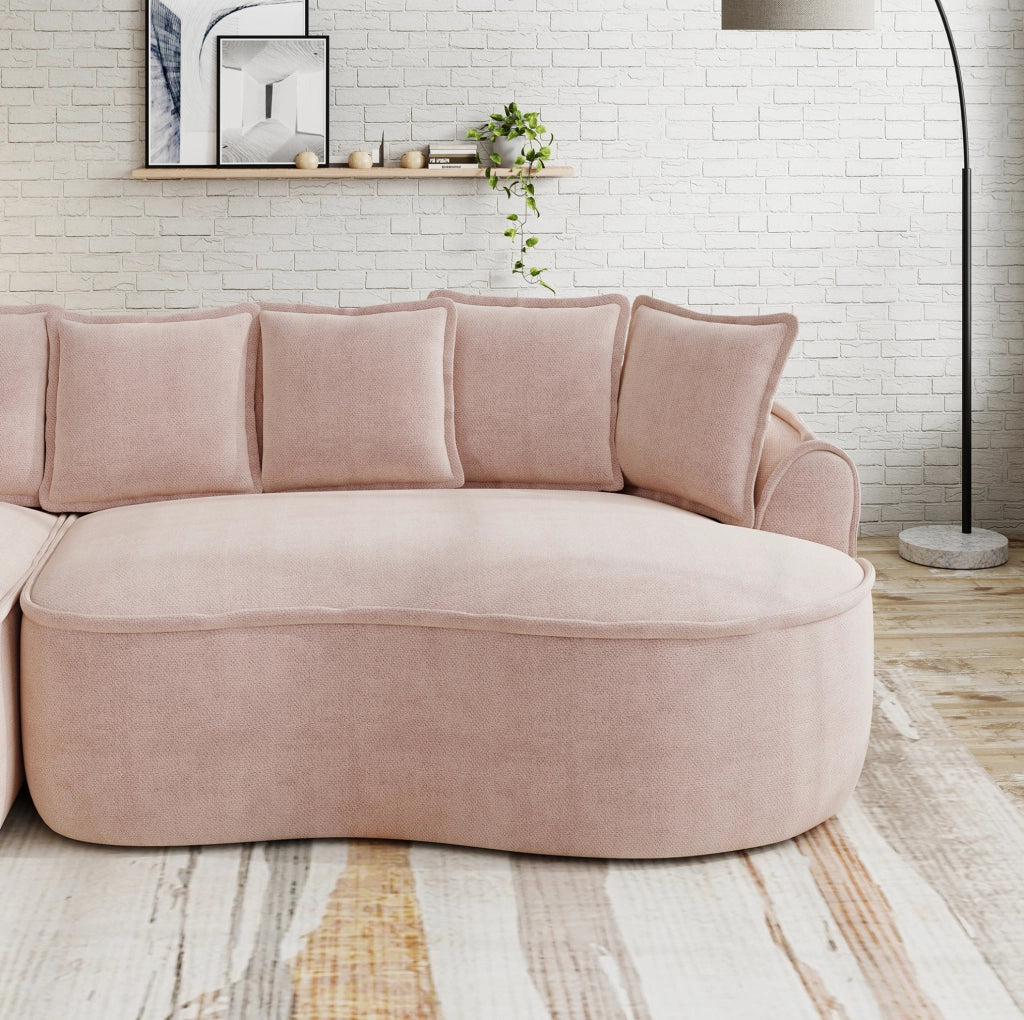 Divano modulare doppio in tessuto chenille rosa con chaise longue extra profonda e cuscini inclusi