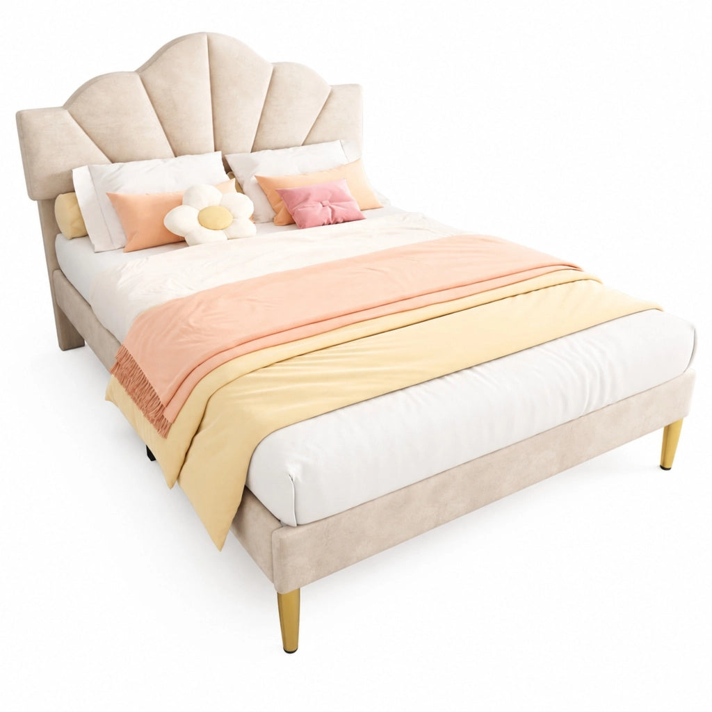 Letto matrimoniale imbottito 140x200 cm in velluto beige con testiera regolabile e piedini dorati