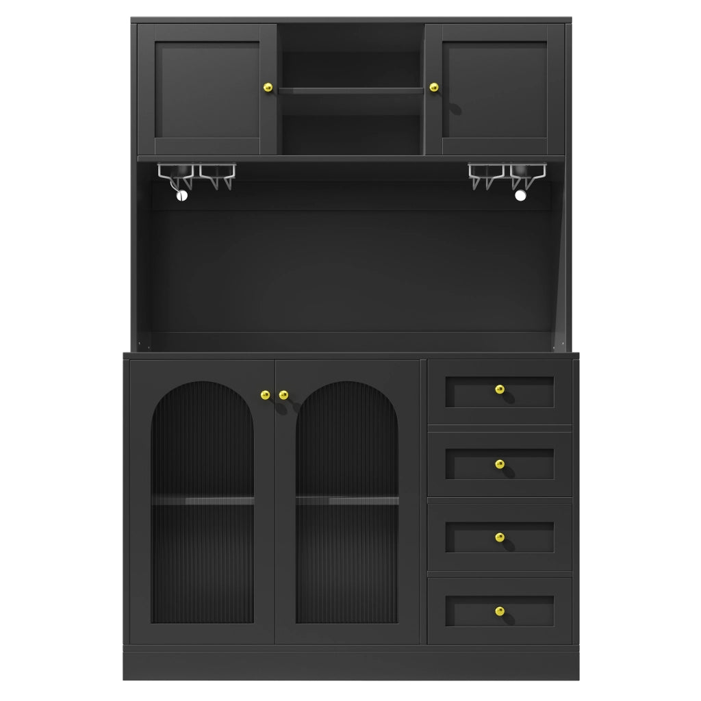 Armadio laterale per cucina - Zephmum- 120x40x188cm- Stile country- 4 porte con LED e portabottiglie- Nero/Bianco