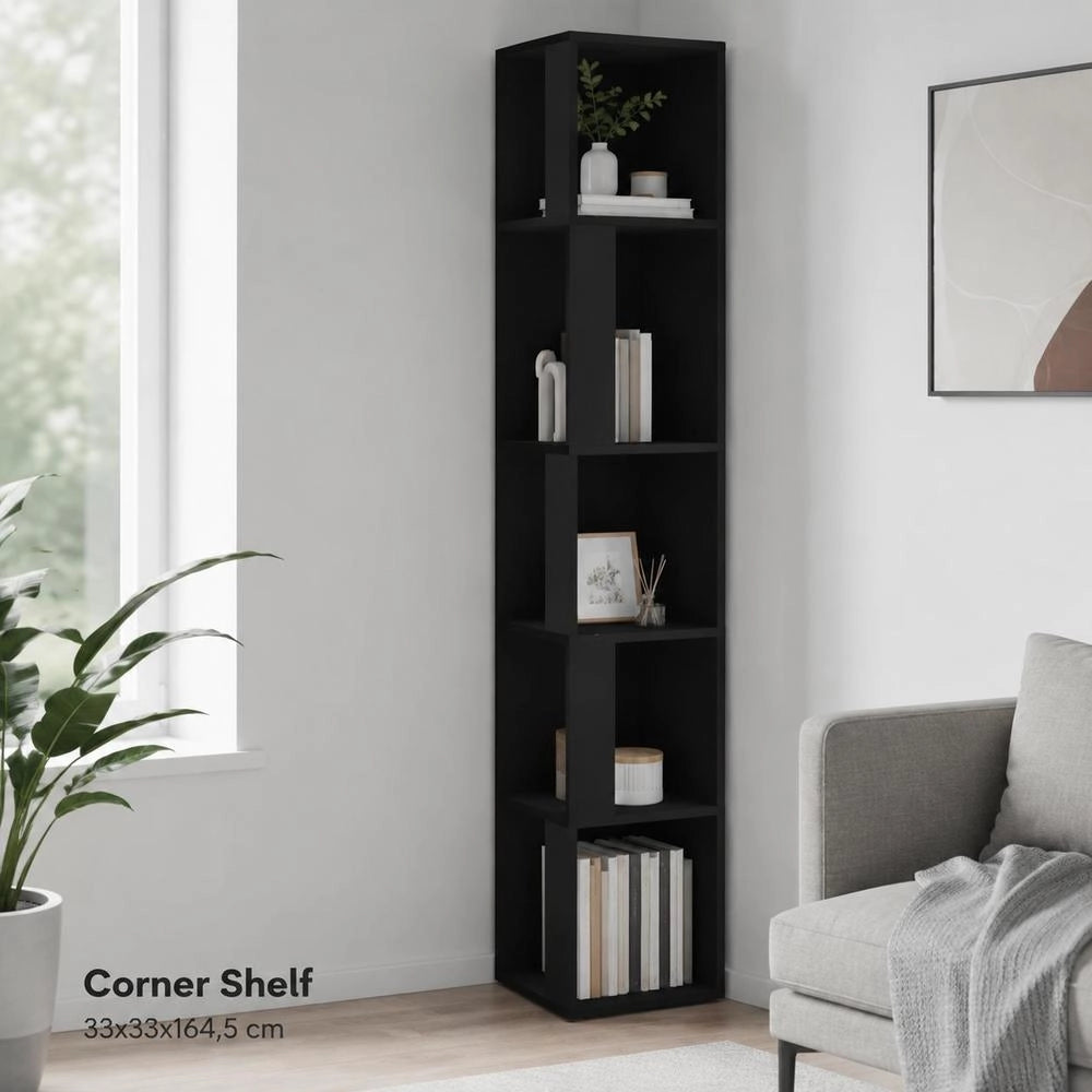 Corner Shelf, Black, 33x33x164.5 Cm, Wood-based Material