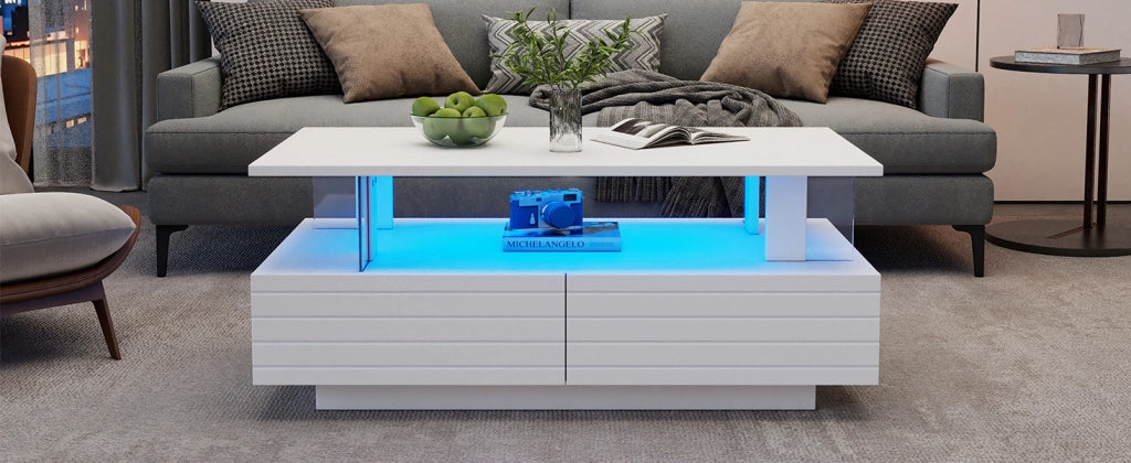 TAVOLO da caffè LED 100x50x42 cm Bianco in pannello di legno e acrilico