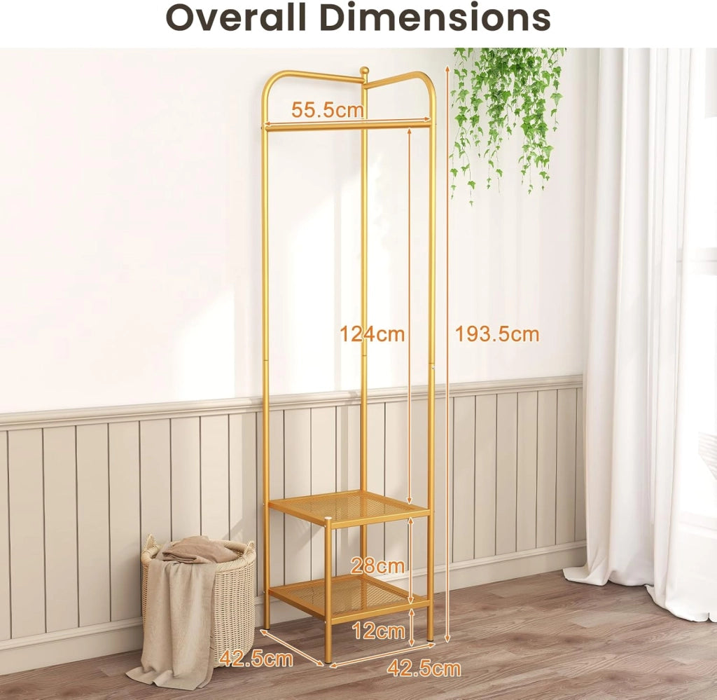 Appendiabiti Salvaspazio, Bastone Appendiabiti con Scaffale Scarpe a 2 Piani, con Protezione Antiribaltamento e Piedini Antiscivolo, Stand Appendiabiti per Ingresso e Camera da Letto (Oro)