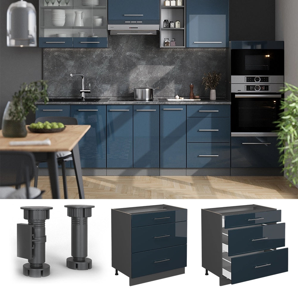 Mobiletto base per cucina Fame-Line Blu scuro lucido/Antracite 80 cm con 3 cassetti, senza piano di lavoro Vicco