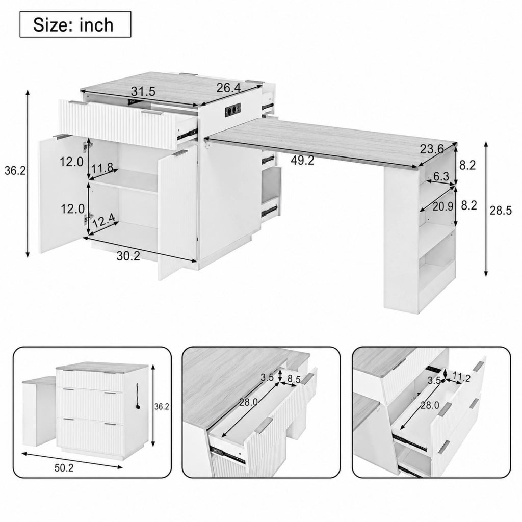 Tavolo da pranzo allungabile con 4 cassetti e 3 nicchie, LED e prese USB, per cucina e sala da pranzo, bianco