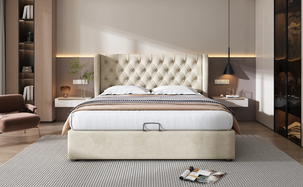 DESMIU Letto Contenitore 2 Posti con Vano Idraulico e Testiera Imbottita, 140 × 190 cm, senza Materasso, Beige