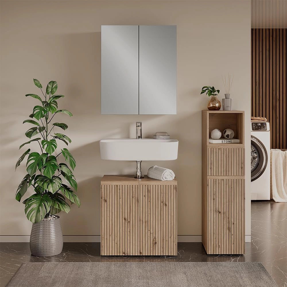 Set di mobili da bagno 3 pezzi Takumi, Artigiano, 60 cm, composto da mobile sottolavabo, specchiera e mobile medio