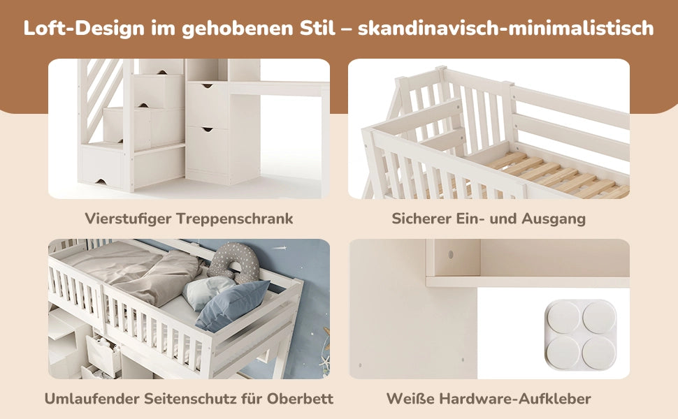 LETTO a soppalco 90x200 cm bianco con scala-armadio e scrivania angolare