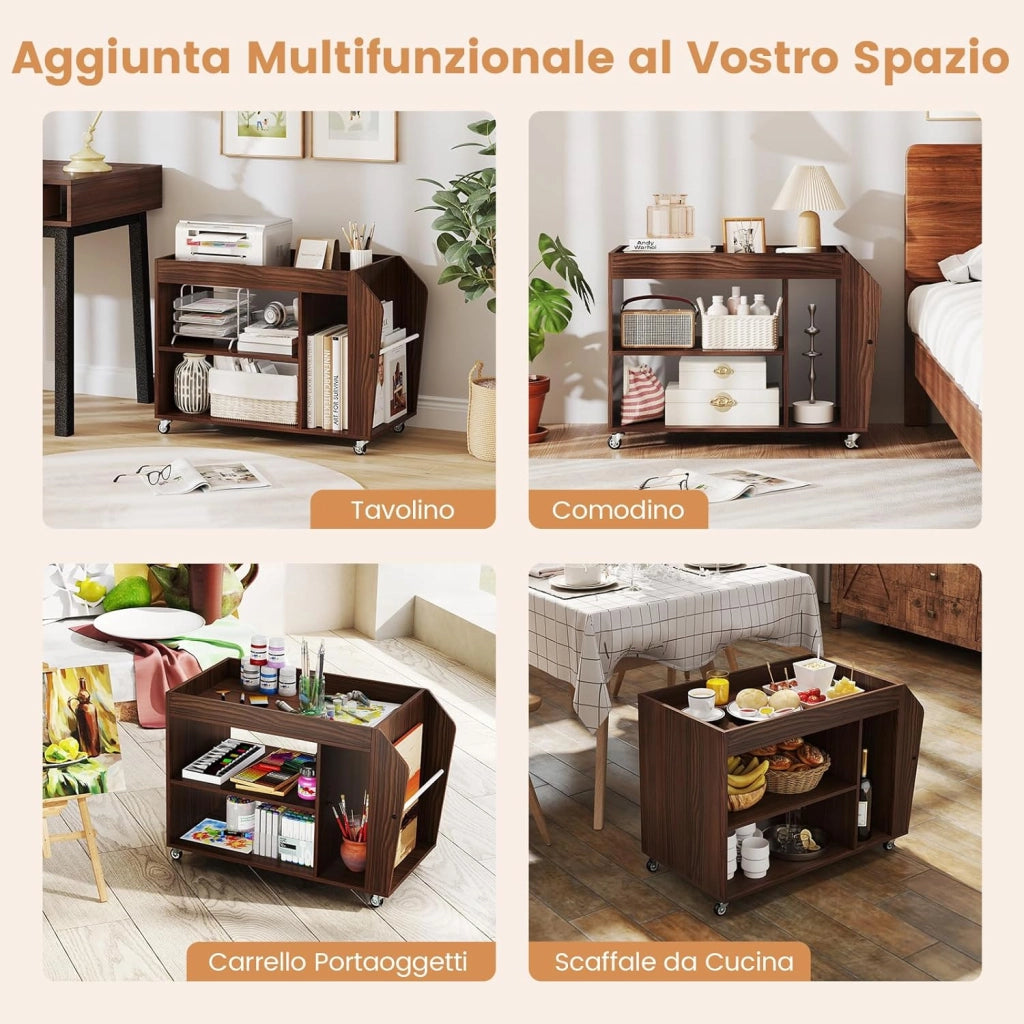 Tavolino da Salotto a 3 Ripiani con Ruote, Tavolino Caffè Laterale in Legno per Soggiono e Studio, Mobile Porta Stampante per Casa e Ufficio, 76 x 39,5 x 55 cm, Noce