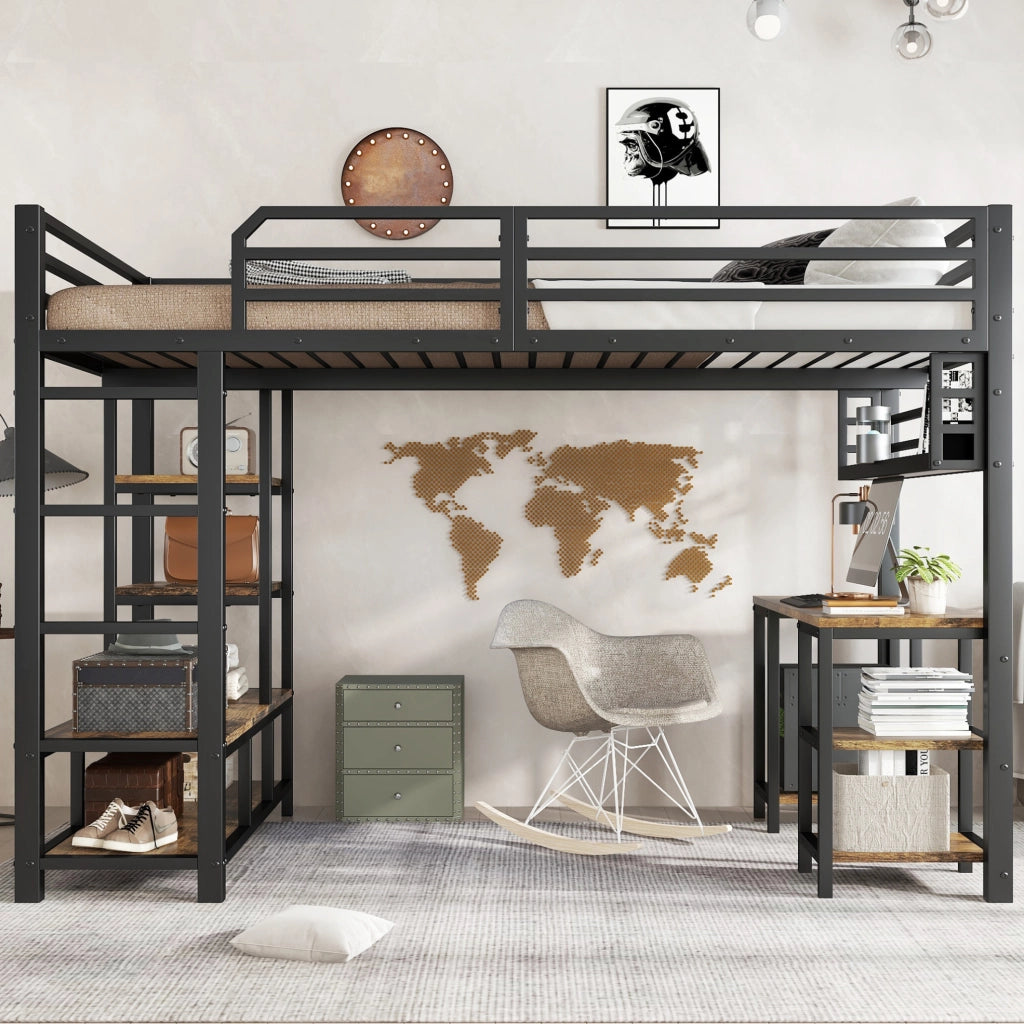 Letto a soppalco 120x200 cm con scrivania e ripiano; metallo e legno; nero e noce scuro