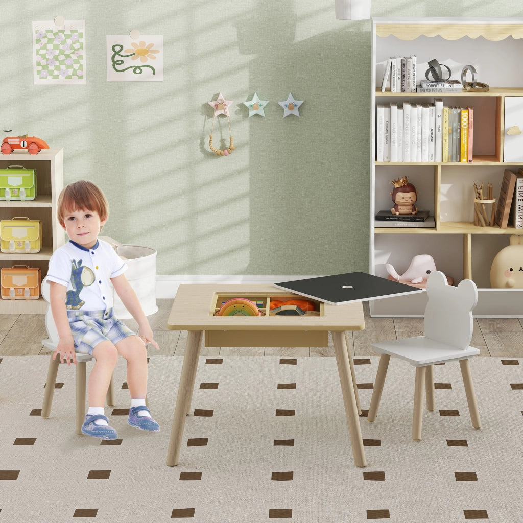 Tavolo da pranzo per bambini con 2 sedie e lavagna ¨C zephmum ¨C bianco e naturale 60x60x44 cm