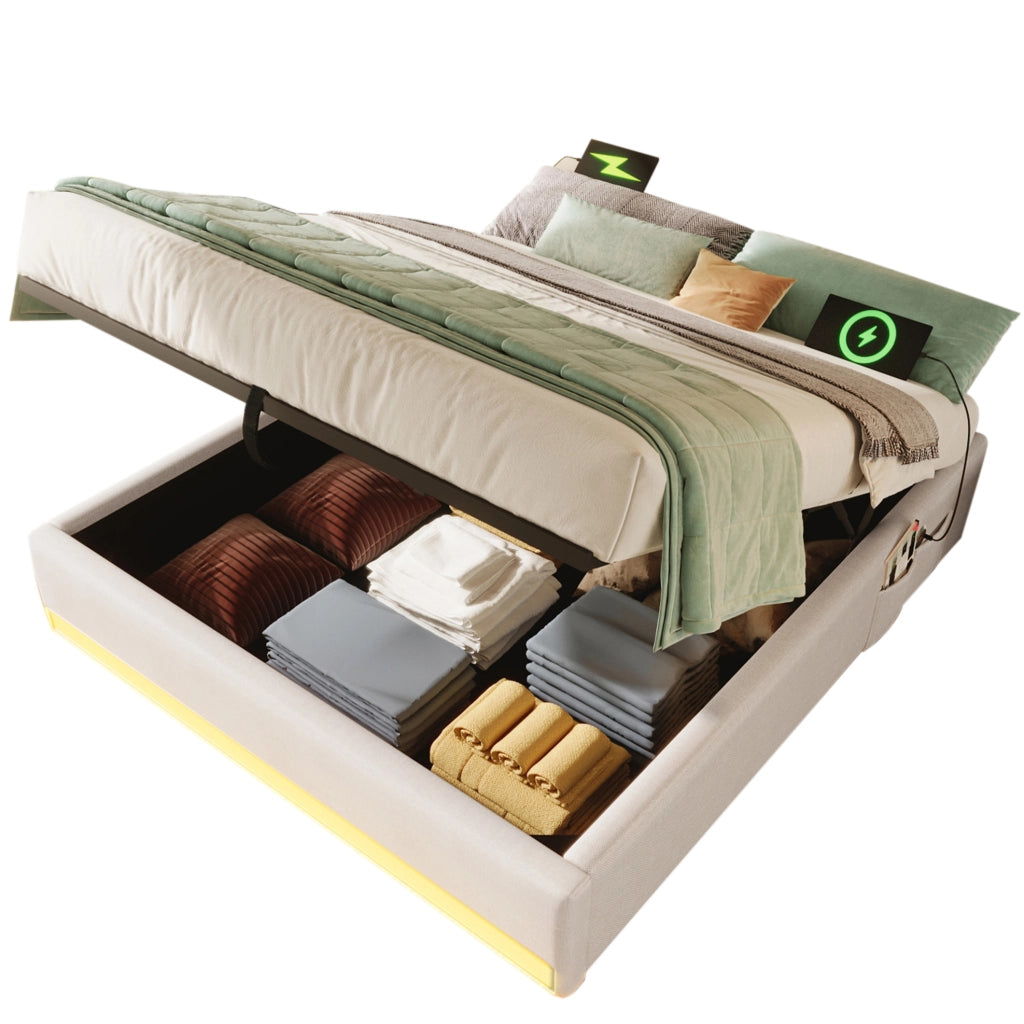 Letto contenitore 140x200 cm con LED multicolore e vano idraulico in lino beige