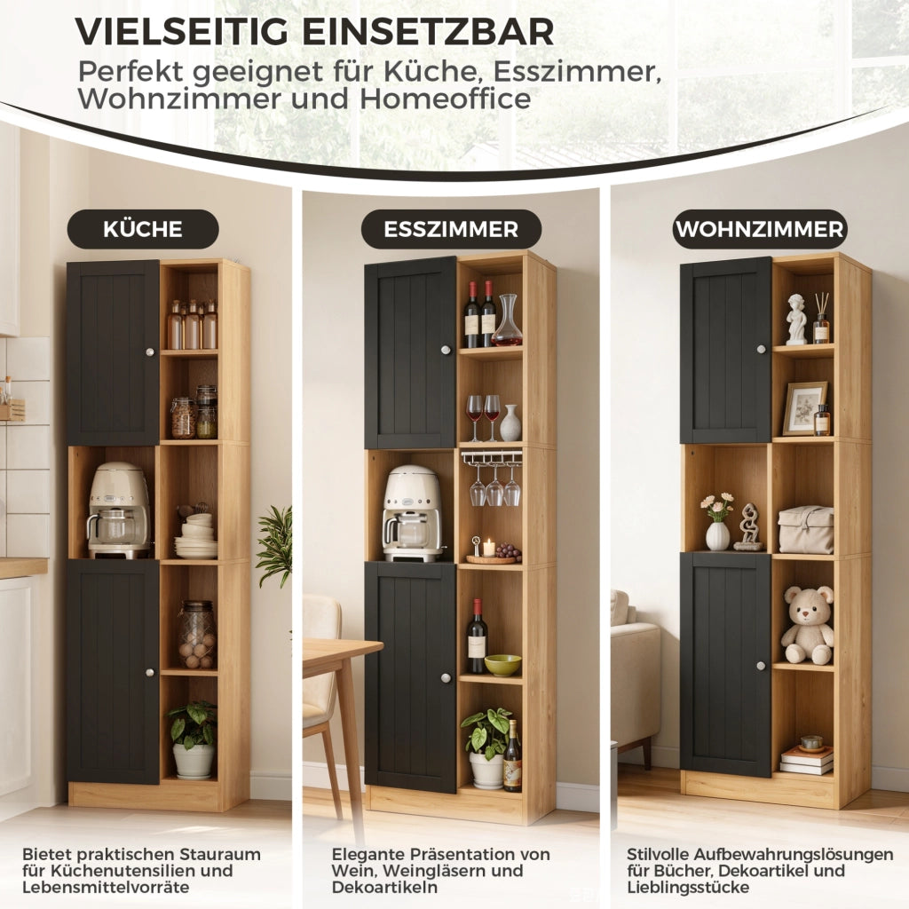 Armadio angolare alto con 6 ripiani aperti e 2 ante 50x35;5x170 cm in MDF nero e naturale