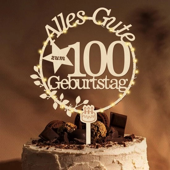 Decorazione per torta in legno con catena di luce LED per il 100° compleanno