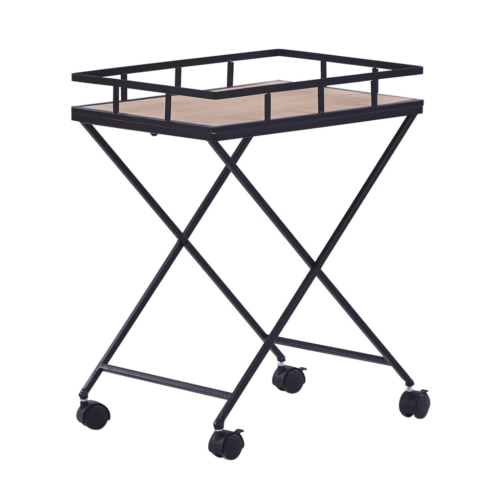 Carrello da Cucina in Metallo Nero 56 cm Costruzione Legno Chiaro Top Ruote Industriale Rustico Moderno