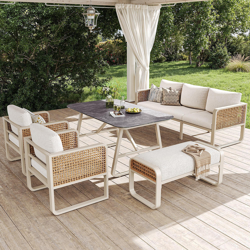 Set da giardino per 6-7 persone - Xylo - Tavolo e divano con cuscini lavabili, beige