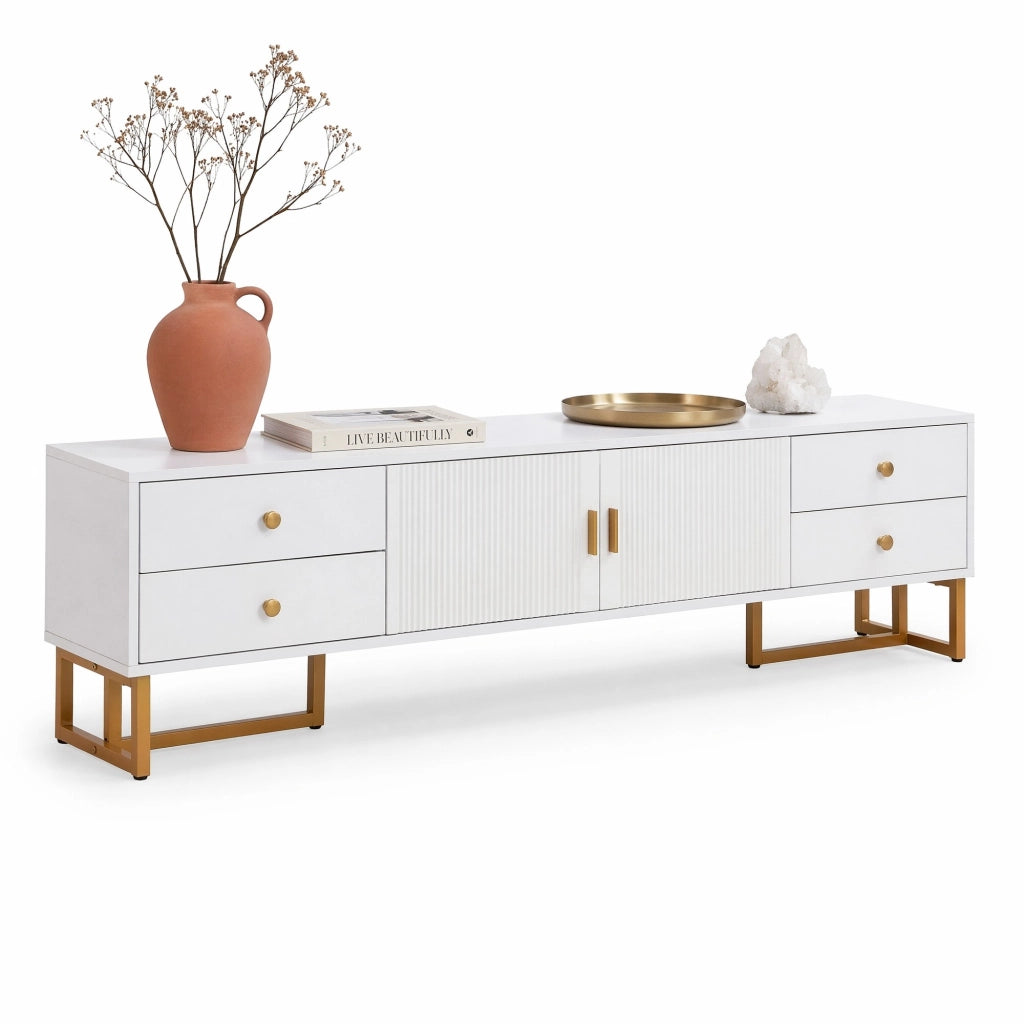 Mobile TV 175 cm con 4 cassetti; 2 ante; MDF; bianco; dettagli oro