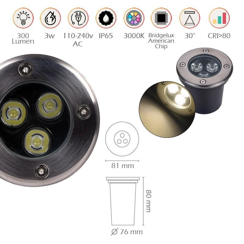 FARETTO SEGNAPASSO LED CALPESTABILE DA GIARDINO 3W LUCE CALDA 3000K - IDEALE PER VIALETTI E SPAZI ESTERNI IP65