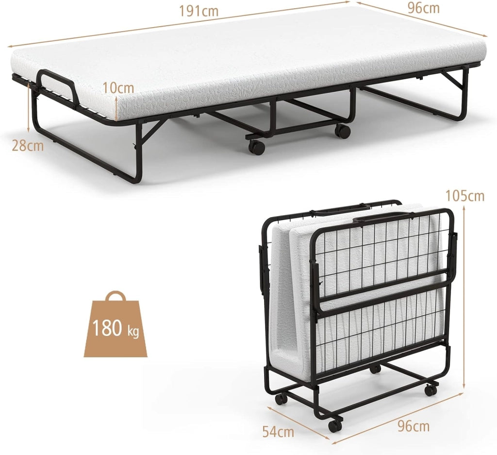 Letto Pieghevole con Materasso 190 cm, Letto per Ospiti a Scomparsa con Materasso in Memory Foam, Lettino Pieghevole Portatile su Ruote per Soggiorno, Camera, Ufficio
