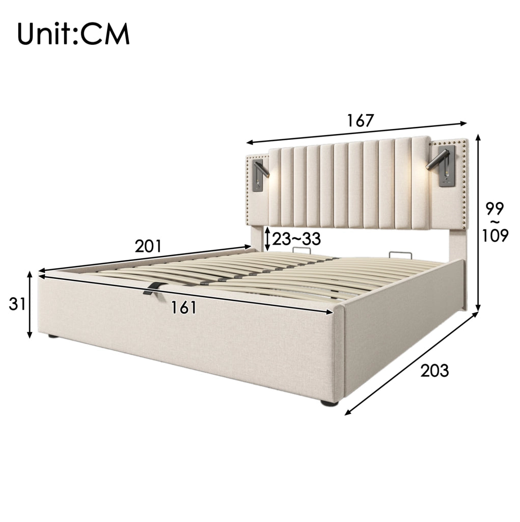 Letto matrimoniale 160x200 cm con contenitore; testiera regolabile con luci da lettura e porte USB; beige