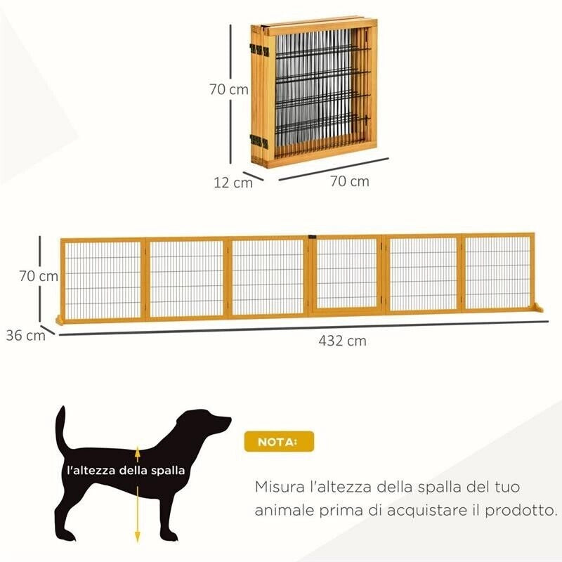 CANCELLETTO PER CANI DI PICCOLA/MEDIA TAGLIA IN LEGNO E ACCIAIO CON 6 PANNELLI PIEGHEVOLI, 432X36X70CM