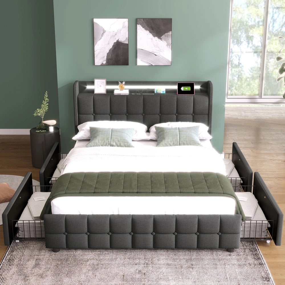 Letto Imbottito Contenitore con LED e USB ¨C MINIMAL ¨C Grigio, 160x200, 4 Cassetti, Doghe in Legno