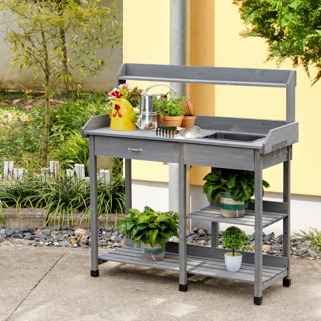 Tavolo da giardinaggio con cassetto, ripiani e lavello ¨C zephmum ¨C legno di abete grigio