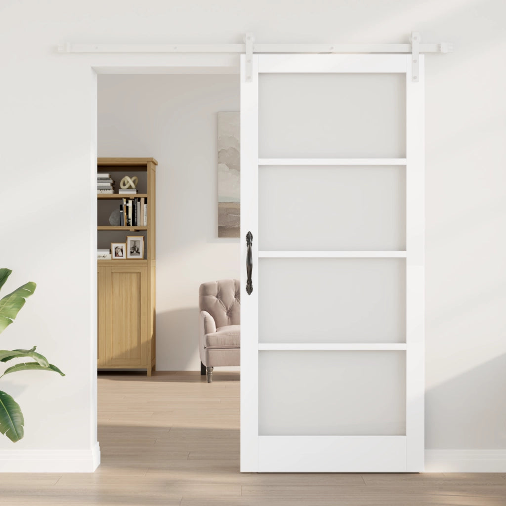 Porta Scorrevole  con Set di Hardware 'ORKDAL'Bianco Legno Massiccio e Vetro