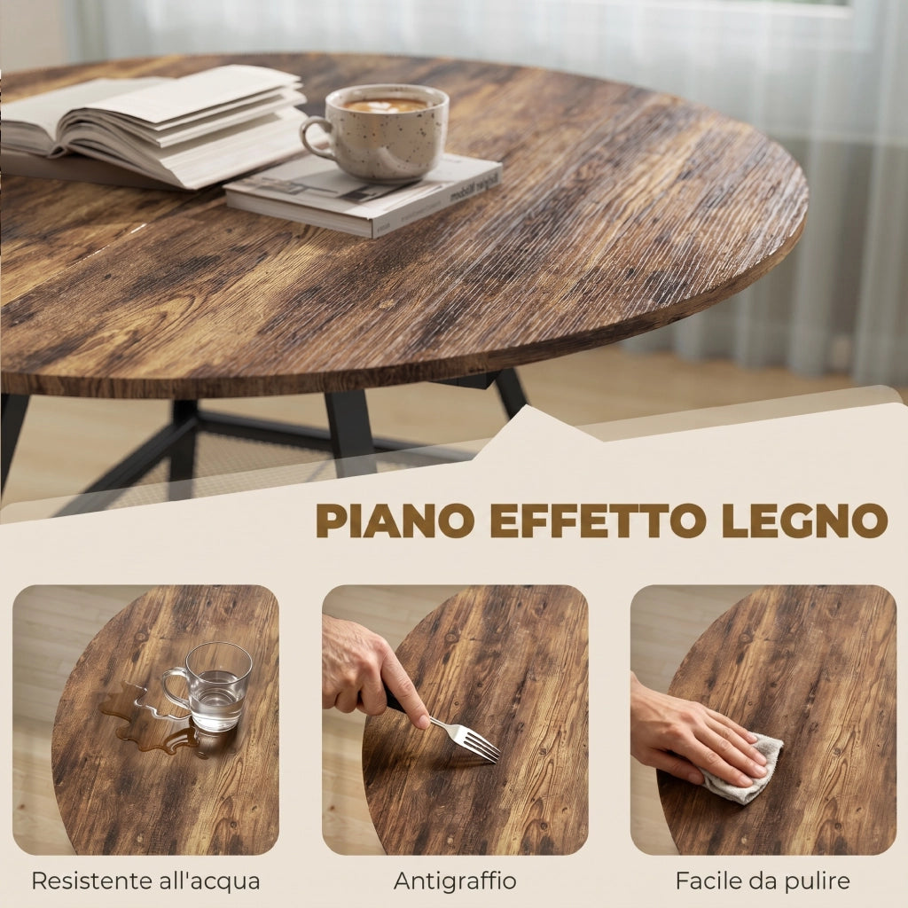 Tavolo da pranzo 4 posti, 100 cm rotondo, cucina industriale, ripiano portaoggetti, marrone rustico.