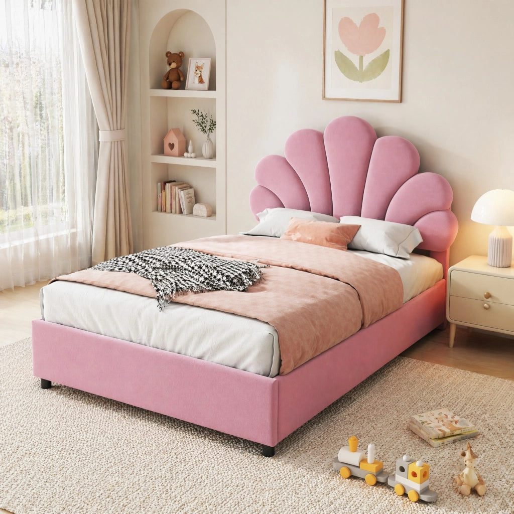 Letto singolo imbottito 90x200 cm in velluto rosa con contenitore idraulico e testiera decorativa