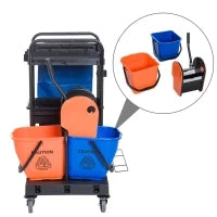 Carrello Pulizie Professionale a 3 Ripiani con Sacco per Immondizia, Ganci per Scopa, Secchio Lavapavimenti con Strizzatore per Mocio e 5 Ruote, per Hotel e Albergo, 111x63.3x103 cm, Nero